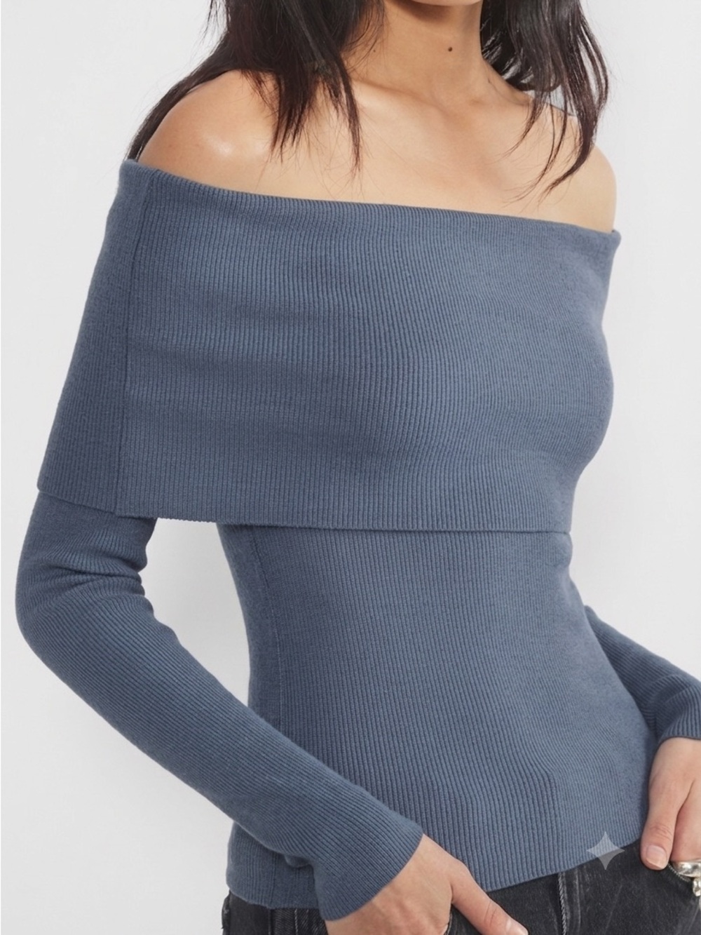 Wilfred| Nola Dusty Blue Off-the-Shoulder Soft Thin-Knit Sweater Sz XS
